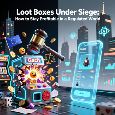 Драматическая цифровая иллюстрация: слева — разрушающийся неоновый лутбокс, из которого вылетают редкие предметы, под давлением тяжёлого бюрократического молота из юридических документов, флагов ЕС и символов справедливости; справа — чистый, прозрачный ин