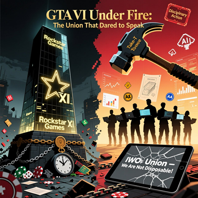 Драматическая цифровая иллюстрация: слева — гигантская корпоративная башня Rockstar Games с логотипом GTA VI, из которой спускаются цепи из юридических документов, часов переработок и корпоративных печатей, сжимающие основание; справа — группа разработчик