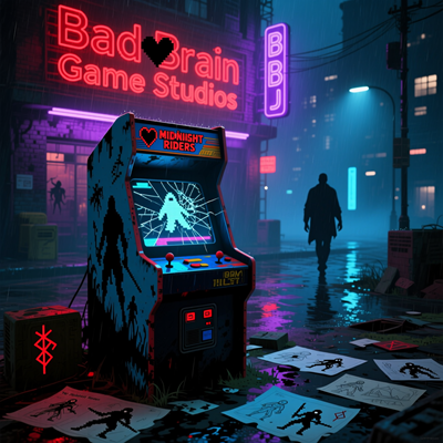 Закрытая игровая студия: поломанный аркадный автомат в стиле 1980-х с надписью «The Midnight Riders», разбросанные эскизы концепт-арта и тускнеющая вывеска студии Bad Brain Game Studios на фоне дождливой ночи.
