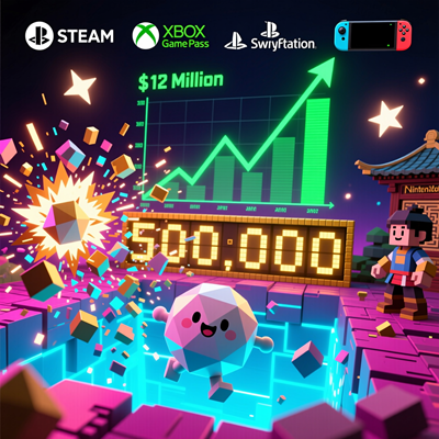 Яркое и динамичное изображение, символизирующее успех инди-игры Ball X Pit. На переднем плане стилизованный шар весело прыгает внутри пиксельной ямы, окруженный логотипами игровых платформ: Steam, Xbox Game Pass, PlayStation и Nintendo Switch. На заднем п