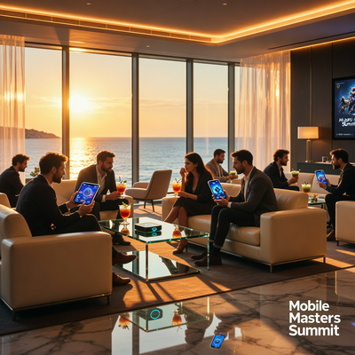 Закрытое отраслевое мероприятие по мобильному геймингу в пятизвездочном отеле на берегу Средиземного моря, профессионалы игровой индустрии общаются в камерной атмосфере.