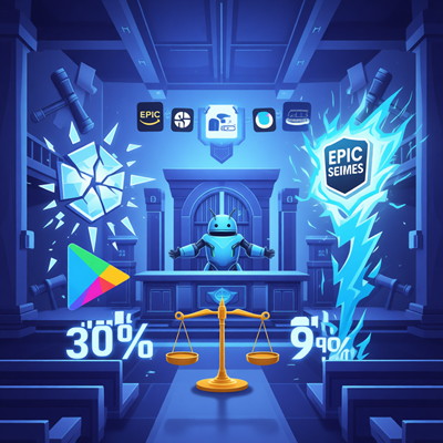 Символическое изображение соглашения между Epic Games и Google: разбитый логотип Google Play и восходящий логотип Epic Games Store уравновешены на весах с надписями «30%» и «9%»; на заднем плане — андроид-робот, открывающий ворота для множества альтернати