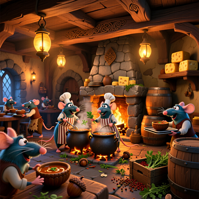 Атмосферная средневековая таверна, управляемая антропоморфными крысами: повара в фартуках готовят у камина, официанты разносят блюда в ореховых мисках, повсюду — бочки с сыром и теплый свет фонарей.