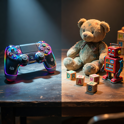 Драматическое изображение разделения между миром видеоигр и детских игрушек с кинематографическим освещением