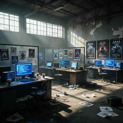 Заброшенные игровые студии с пустыми рабочими местами, разбросанными концепт-артами и мониторами с незавершённым кодом, символизирующие закрытие проектов NetEase.