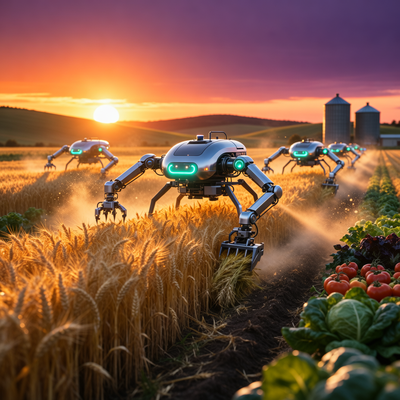 Программируемые дроны автоматизируют фермерское хозяйство в закатном свете, символизируя успех инди-игры The Farmer Was Replaced.