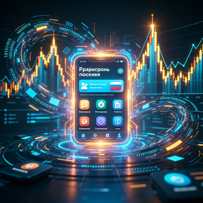 Визуализация роста VK: цифровые потоки данных и расширяющийся интерфейс российского магазина приложений на фоне финансовых графиков