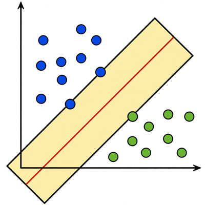 Схема метода опорных векторов (SVM): два класса данных (синие кружки и красные квадраты) разделены прямой линией с максимальным зазором; жирные точки у границы — опорные векторы, определяющие решающую поверхность.
