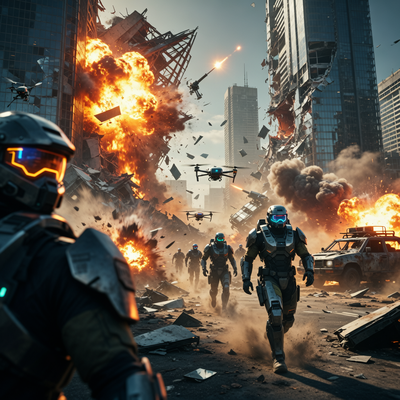 Драматичная сцена битвы из игры Battlefield 6 с разрушаемым окружением и солдатами в будущем вооружении