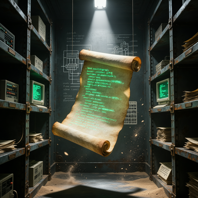 Драматическая сцена с древними цифровыми свитками, испускающими свет кода Zork в тёмном архивном помещении, символизирующая сохранение игрового наследия.