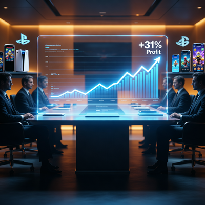 Драматическая сцена с финансовым графиком роста прибыли NetEase на 31% в игровой индустрии, символизирующая успех компании.