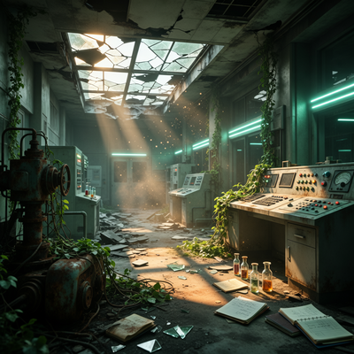 Заброшенный научно-исследовательский комплекс в стиле научной фантастики, медленно восстанавливаемый игроком, с драматическим освещением и атмосферной обстановкой.