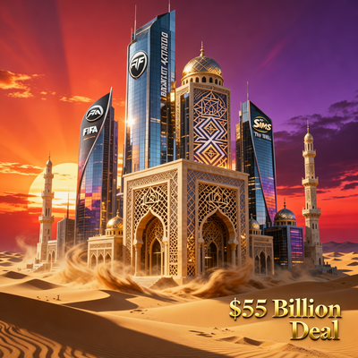 Символическое изображение поглощения Electronic Arts саудовским консорциумом: игровая индустрия встречается с ближневосточным капиталом под драматическим освещением.