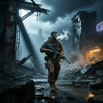 Одинокий солдат в тактическом снаряжении выходит из темных, разрушенных промышленных руин постапокалиптического города под дождем, драматическое освещение подчеркивает атмосферу напряженного экстракшен-шутера.