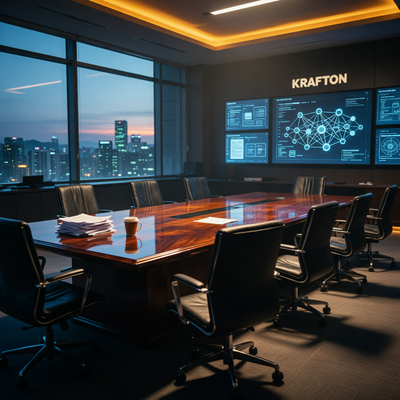 Драматичная сцена в корпоративном зале заседаний KRAFTON с пустыми креслами и драматическим освещением, символизирующая программу добровольного увольнения и переход компании к искусственному интеллекту