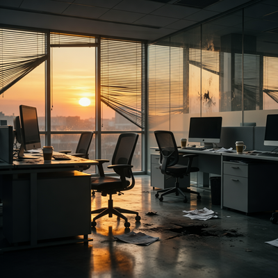 Пустой офис игровой студии с драматическим освещением, символизирующий увольнения и кризис в индустрии.