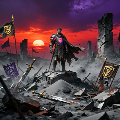 Одинокий воин на поле битвы, покрытом пеплом, с разбитым оружием и руинами на фоне заката, символизирующий конфликт успеха и проблем в RPG.