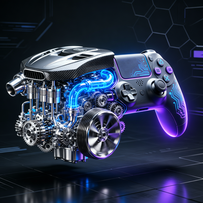 Символическое изображение трансформации автокомпонентов в игровую консоль, представляющее путь компании Zhejiang Century Huatong от автомобильной промышленности к игровой индустрии.