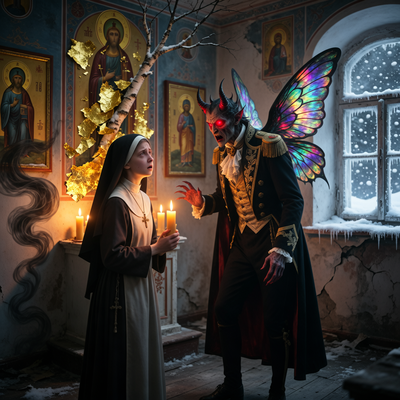 Молодая монахиня в сюрреалистичной обстановке альтернативной России XIX века, переживающая кризис веры с персонифицированным дьяволом, в кинематографическом стиле с драматическим освещением.