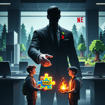 Символическое изображение передачи студии Spry Fox: рукопожатие между корпорацией Netflix и независимыми разработчиками на фоне элементов игр Triple Town и Cozy Grove, отражающее корректировку игровой стратегии.