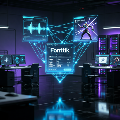 Футуристическая студия разработки игр с голографическим интерфейсом, демонстрирующим три ключевые технологии EA: распознавание речи, анализатор читаемости шрифтов Fonttik и систему Grapple Assist для файтингов.