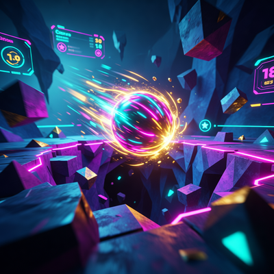 Гипердетализированное изображение светящегося шара в драматически освещенной абстрактной яме, символизирующее успех инди-игры Ball X Pit.