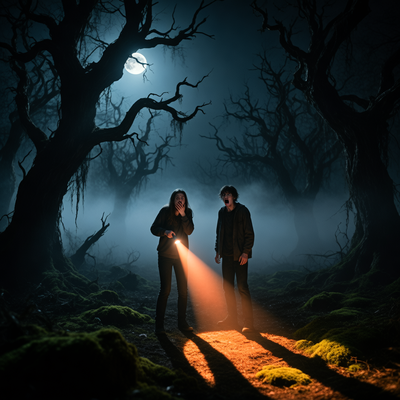 Два игрока в жутком лесу ночью, один прикрывает рот от страха, другой настороженно оглядывается, создавая атмосферу напряженной тишины.
