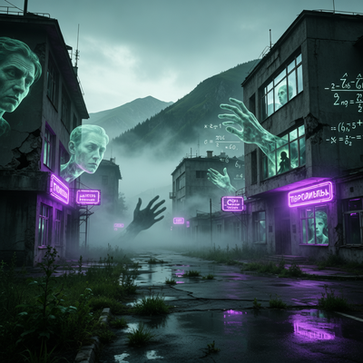 Постсоветский футуристический городок Тиолис на Алтае, окутанный туманом, с сюрреалистичными материализованными мыслями, создающими атмосферу мистического детектива и психологического хоррора.