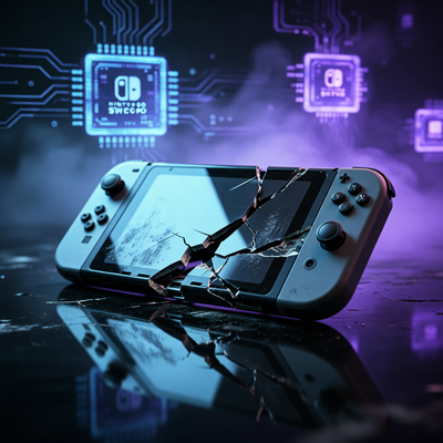 Консоль Nintendo Switch 2 с трещинами на темной поверхности, символизирующая падение акций и кризис памяти в игровой индустрии.