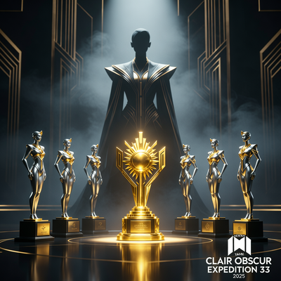 Триумф игры Clair Obscur: Expedition 33 на The Game Awards 2025 с девятью наградами в стиле ар-деко и драматическим освещением.