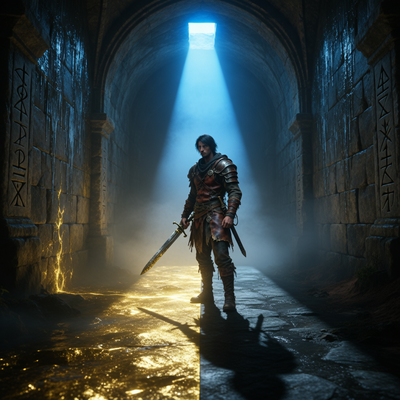 Иллюстрация к игре Clair Obscur: Expedition 33 — одинокий искатель в темном коридоре с драматическим освещением, символизирующая фокусировку на качестве вместо огромных бюджетов.