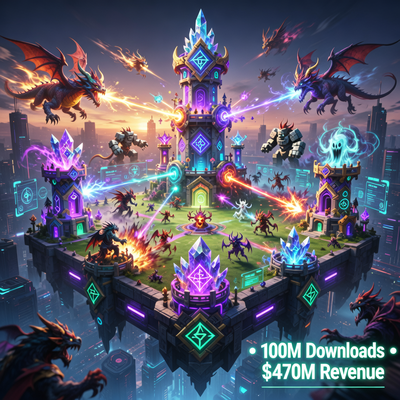 Эпическая сцена из игры Rush Royale: магические башни и фантастические существа сражаются на арене с драматическим освещением, символизируя успех игры с 470 млн долларов выручки и 100 млн загрузок.