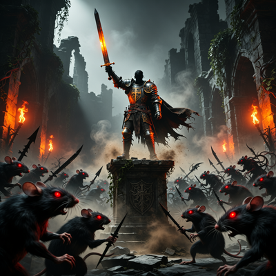 Воин в доспехах вселенной Warhammer сражается с ордой крысолюдей Скавен в мрачных руинах при драматическом освещении.