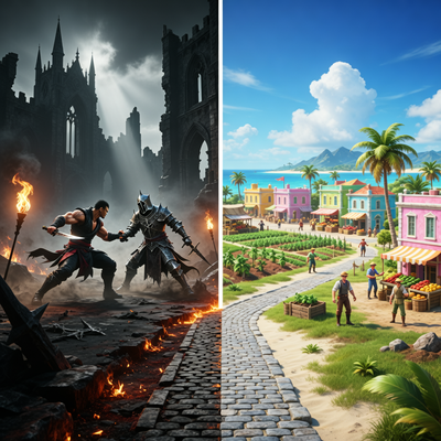 Драматическое изображение расхождения путей в игровой индустрии: тёмный мир экшен-игр и светлый мир стратегических симуляторов.