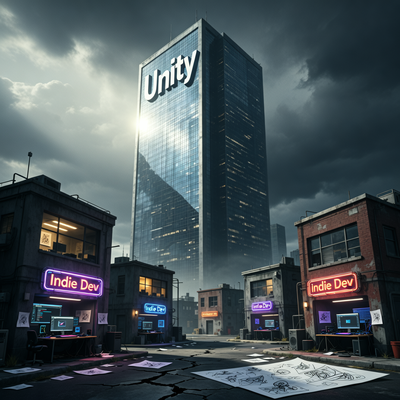 Крупное здание Unity нависает над маленькими студиями разработки игр, символизируя финансовое давление и риск доверия в игровой индустрии.