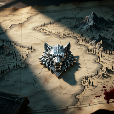 Ведьмачьего медальона на старинной карте фэнтези-мира с драматическим освещением, символизирующего огромный бюджет и масштаб новой трилогии.