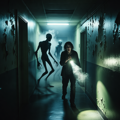 Сцена из психологического хоррора No, Iʼm not a Human: загадочное учреждение с драматическим освещением, где главный герой сталкивается с нечеловеческими существами.