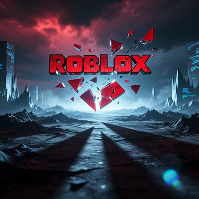 Разбитый логотип Roblox в темном цифровом пространстве, символизирующий блокировку платформы в России.