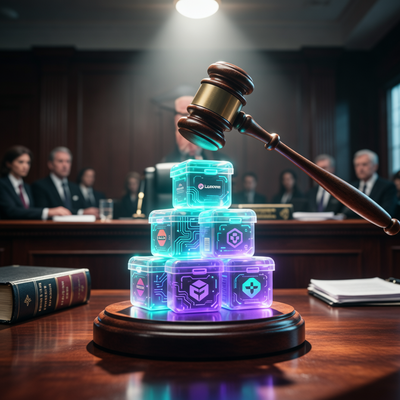 Судья с молотком над прозрачными лутбоксами, символизирующими ужесточение закона о лутбоксах в Корее с штрафами до 3% от оборота.