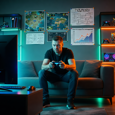 Российский геймер в фокусе, играющий на PlayStation в современной гостиной, символизирующий рост трат и переход к стратегическим инвестициям в игровой опыт в 2025 году.