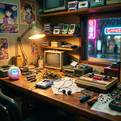 Мастерская по ремонту старой электроники в токийском квартале середины 2000-х, с детализированными гаджетами на столе и атмосферным освещением.