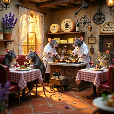 Сцена из игры Restaurats: ресторан в стиле 'прованс для грызунов' с крысами-поварами и официантами, детализированный интерьер с капризными клиентами-кошками.