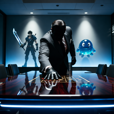 Драматическая сцена давления инвестиционного фонда на руководство Square Enix в современном офисе, с силуэтами персонажей Final Fantasy и Dragon Quest на фоне.