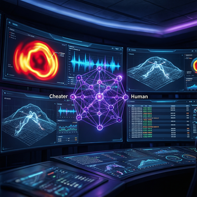 Контрольная панель античит-системы с визуализацией поведенческих данных игроков в шутере от первого лица: тепловые карты движений мыши, графики точности и нейросетевая классификация «человек vs читер»