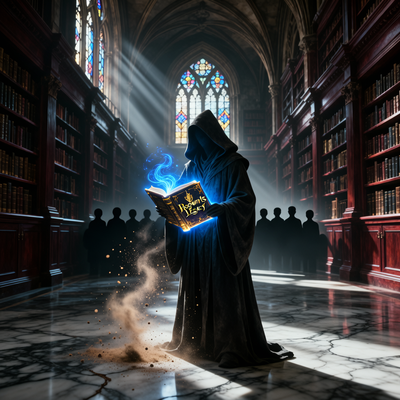 Тёмная фигура держит светящуюся книгу 'Hogwarts Legacy' в величественной библиотеке, символизируя скрытую аудиторию игры за её коммерческими показателями.