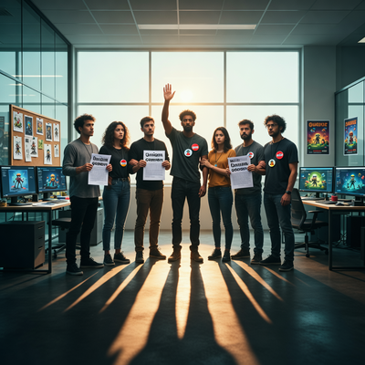 Разработчики игр в офисе, объединённые в профсоюз, с драматическим освещением, символизирующим коллективное действие в индустрии.