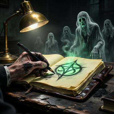 Детектив рисует в проклятом блокноте при свете настольной лампы, из страниц появляются призрачные образы в нуарной атмосфере.