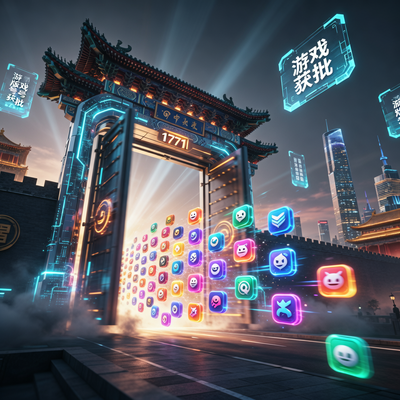 Визуализация открытия регуляторных ворот в Китае с потоком из 1771 светящихся иконок игр, символизирующая рекордное одобрение и новую эру в игровой индустрии.