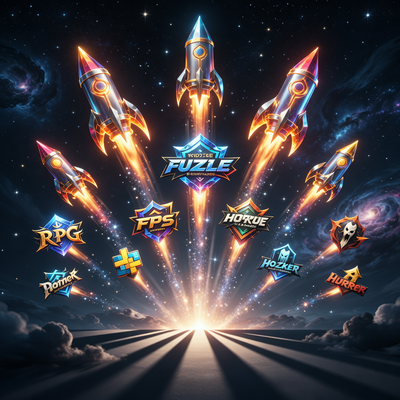 13 стилизованных игровых логотипов, символизирующих российские проекты, взлетающих как ракеты через звёздное небо, олицетворяя прорыв и финансовый успех на глобальном рынке.