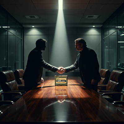 Символическая передача GOG.com от CD PROJEKT соучредителю в драматично освещенном зале заседаний, отражающая конец эпохи и стратегическое изменение направления компании.